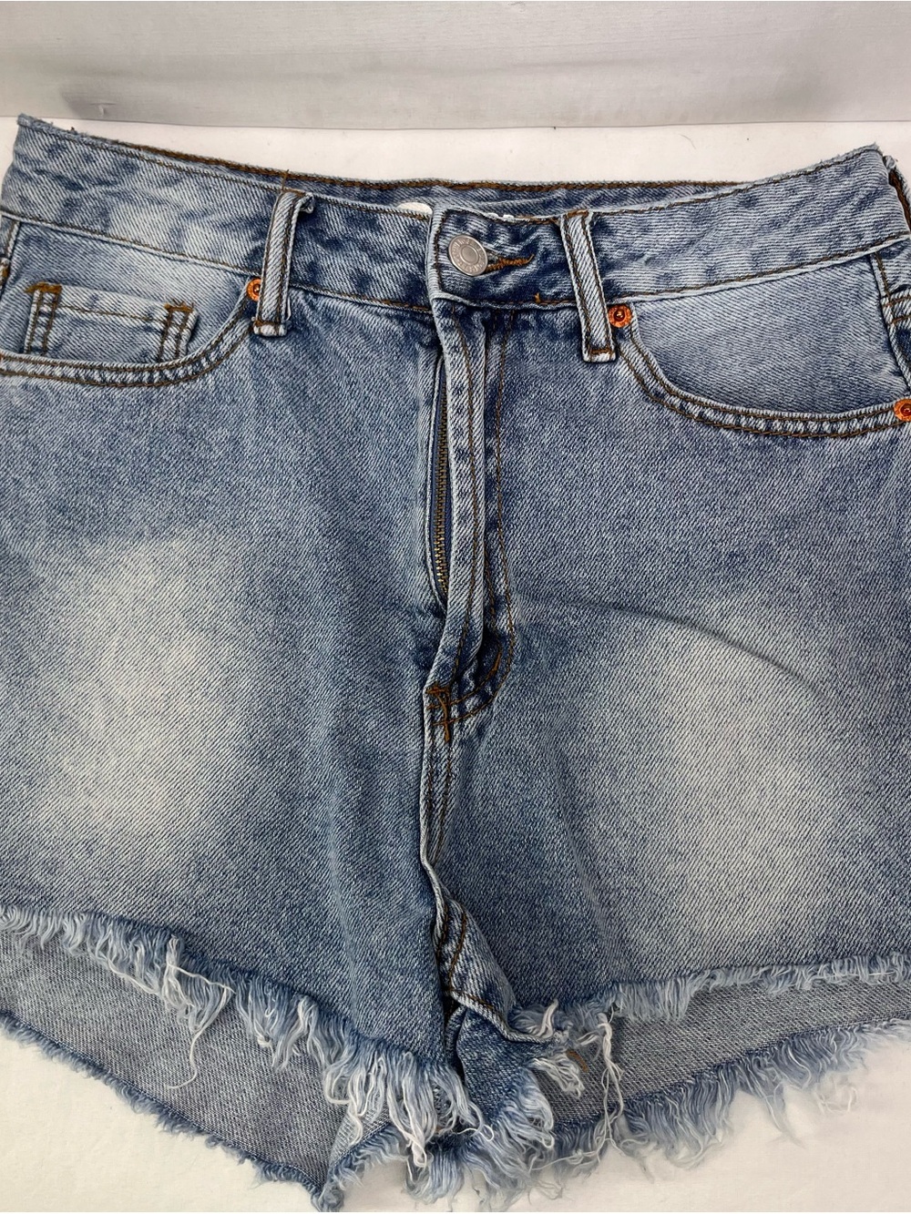 High-Rise Light Blue Denim Jean Shorts with Frayed Hem‎